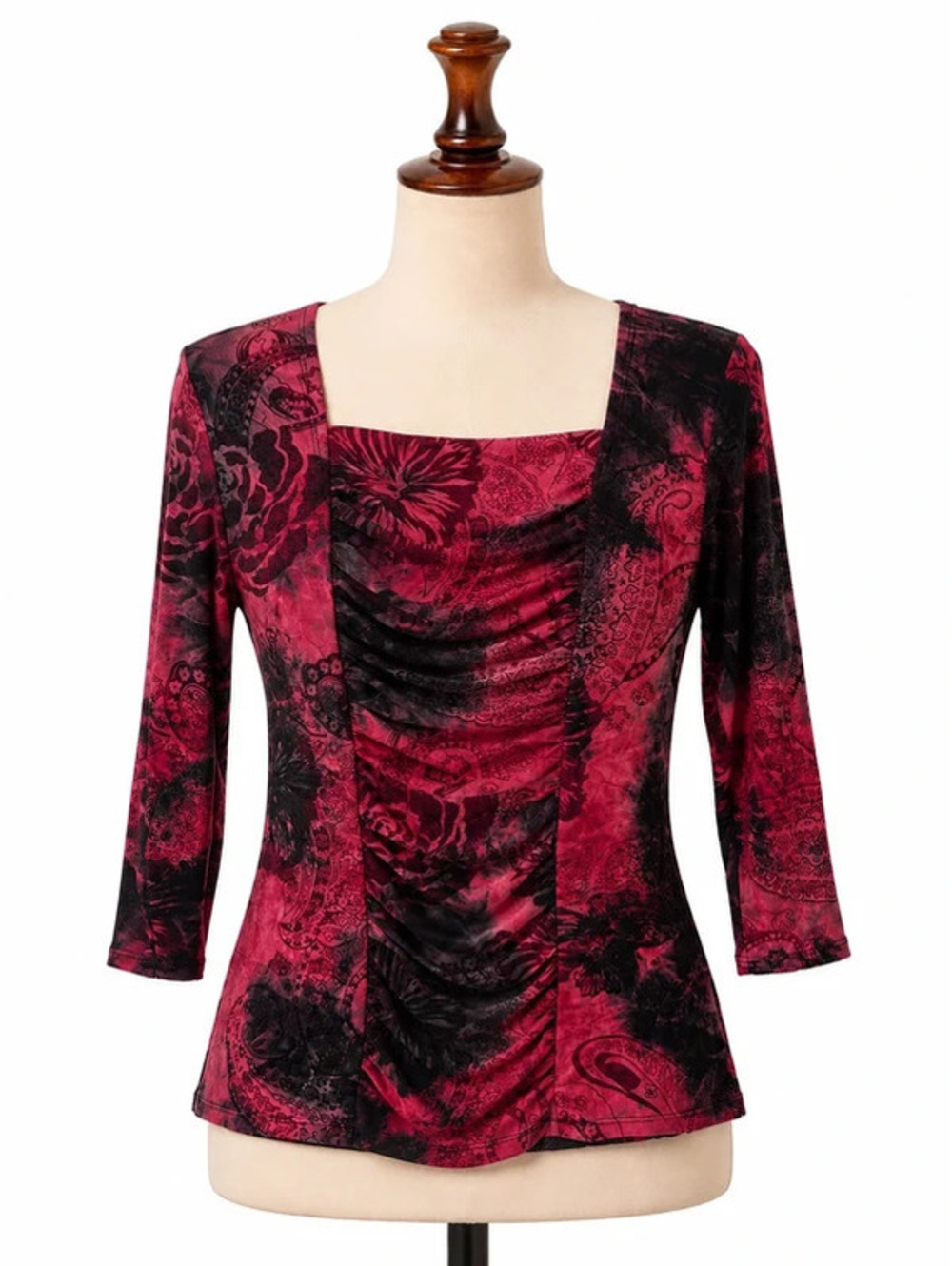 Sami Jo Y2K Floral Paisley Ruched Top Size M Pink Black Square Neck 3/4 Sleeve